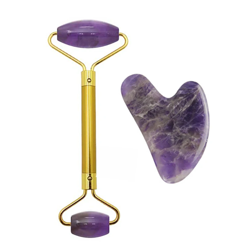 Натуральный нефритовый ролик, аметист, массажный набор, фиолетовый кристалл, массажер, набор с коробкой, настоящий каменный ролик для лица, инструмент для лифтинга лица