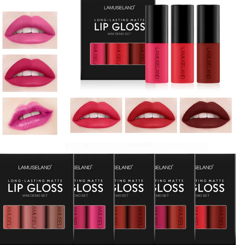 

3Pcs/Set Lip GlossTravel Suit Long-Lasting Matte Mini Lipstick Lip Makeup Professional Makeup Lips Lip gloss Lovely TSLM1