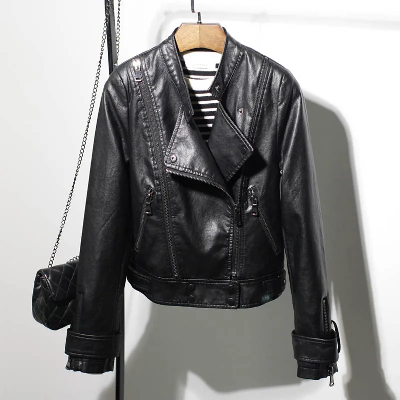 Черный Chaqueta mujer черная серая куртка из искусственной кожи женская короткая байкерская куртка приталенная Весенняя Осенняя уличная куртка пальто - Цвет: Черный