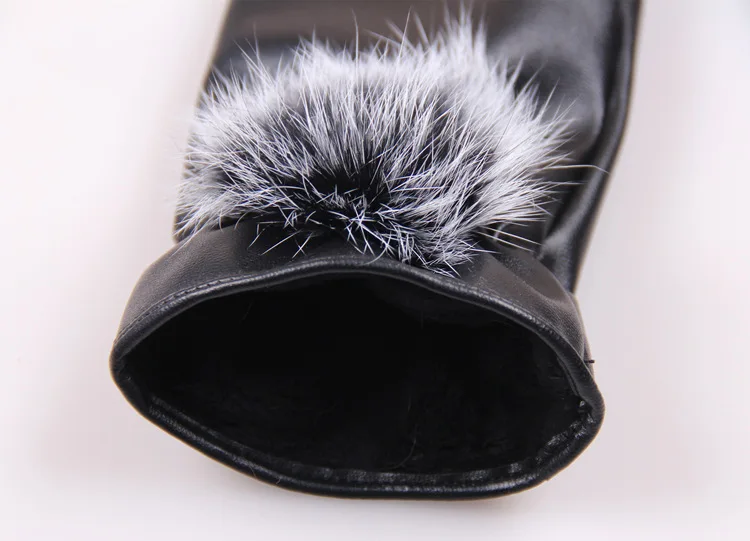 Leather Gloves Female Winter Driving Cute Rabbit Hair Mouth Plus Velvet Thick Warm Cycling Touch Screen Pu Gloves Comfortable