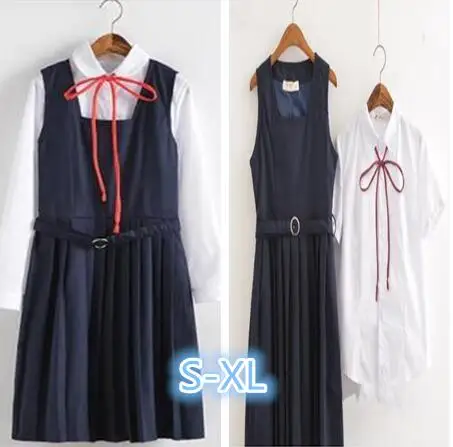 School Dresses For Girls White Long-sleeved Top White Shirt With Tie Navy Blue Vest Pleated Dress Short Skirt Anime Form Costume