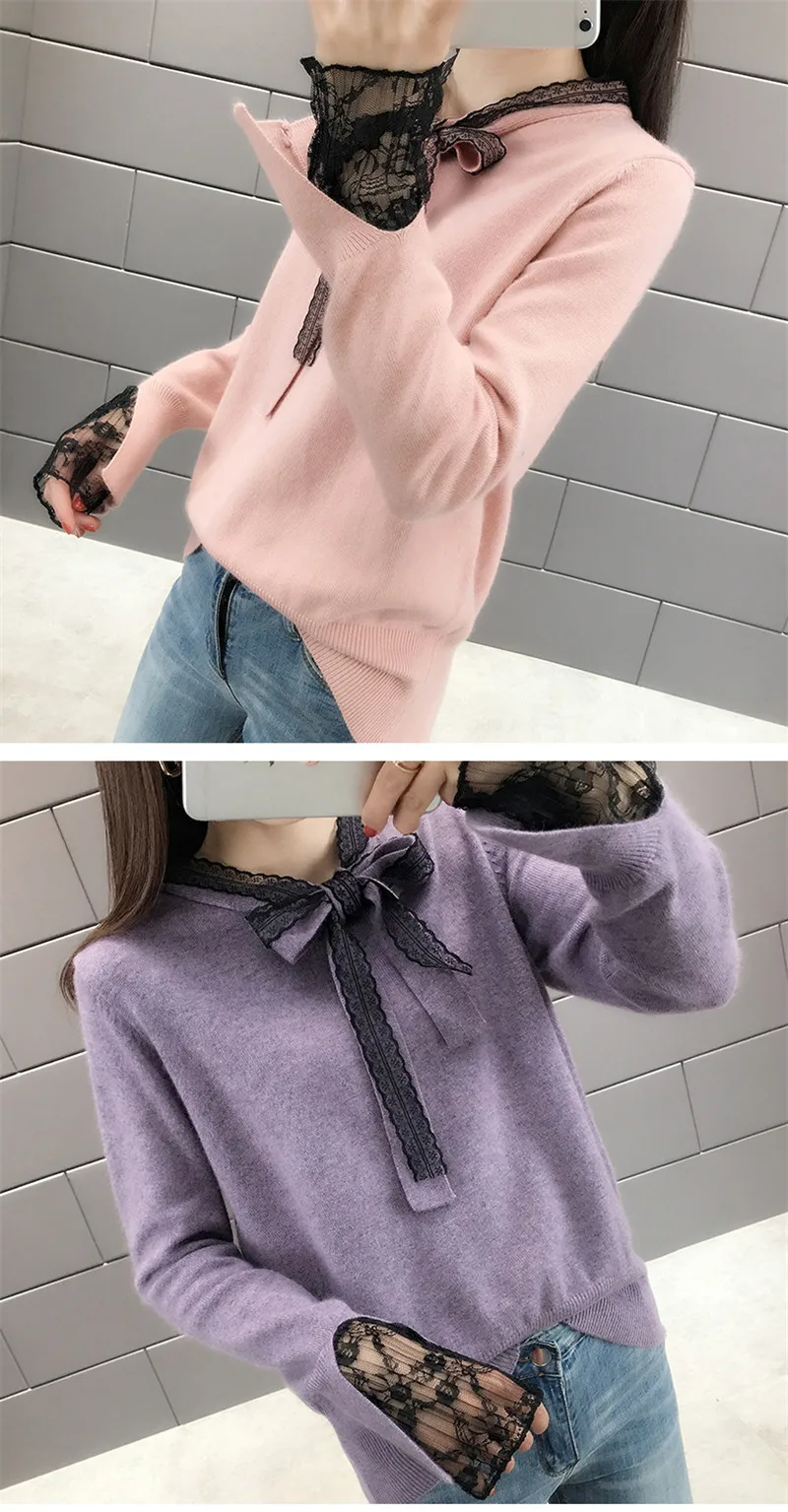 Милый кружевной женский свитер, пуловер, Осень-зима, женский короткий вязанный джемпер, мягкий 2019, Pull Femme Nouveaute, Одноцветный, H141