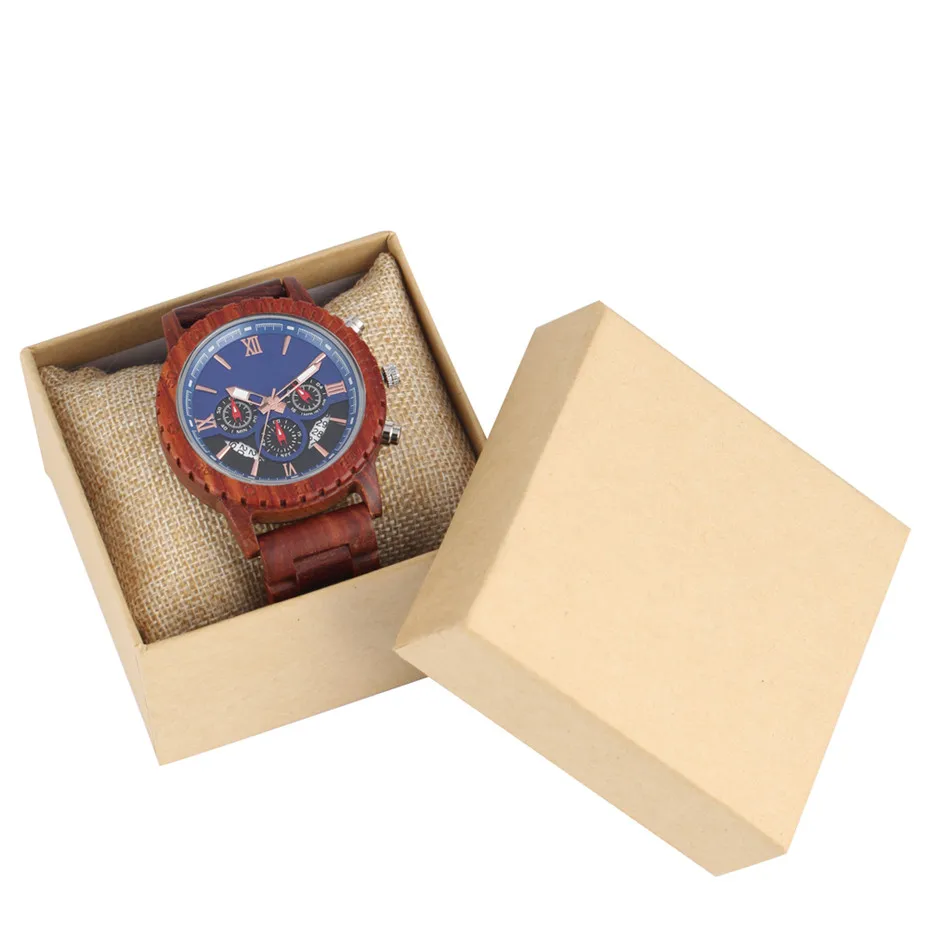 blue with box Спортивные мужские часы с хронографом, мужские часы с кварцевым механизмом, мужские часы, Роскошная красная деревянная коробка для часов, складная застежка reloj masculino - Цвет: blue with box
