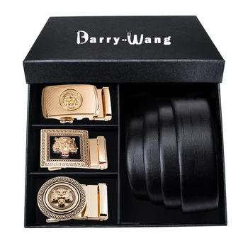 

Barry.Wang Leather Belt for Men Black Cowhide Belt Automatic Slide Buckle Waist Strap for Business Wedding Gift Box Dropshipping