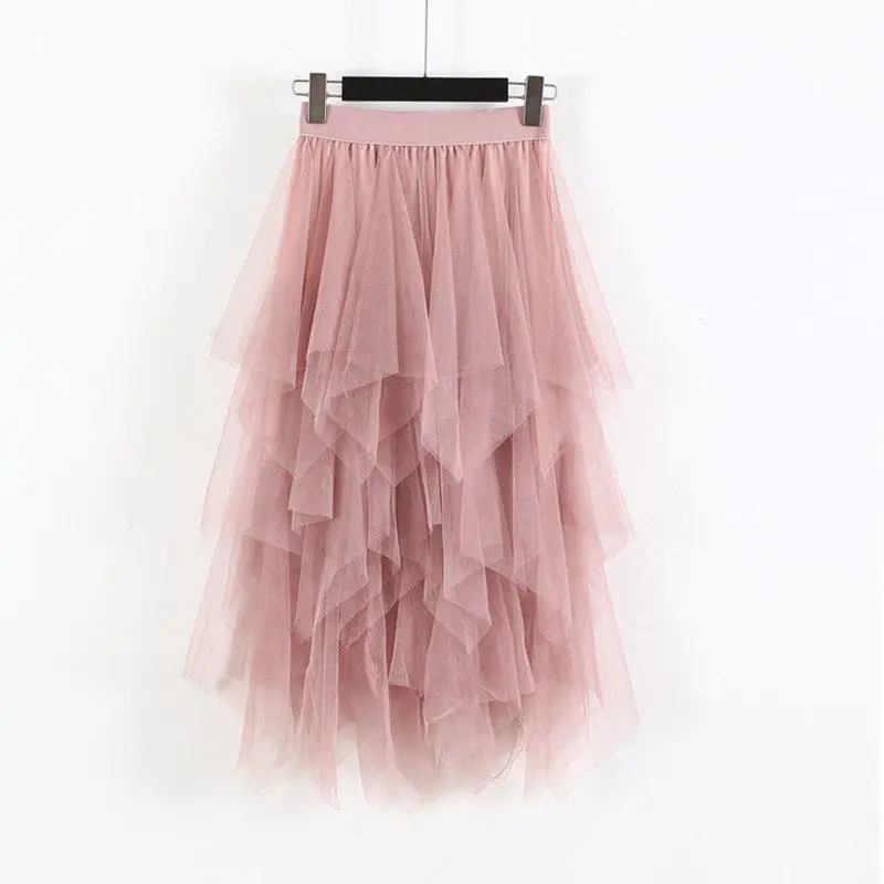 Милая Женская Асимметричная сетчатая юбка трапециевидной формы, эластичная юбка с высокой талией, Однотонная юбка трапециевидной формы, длинная юбка