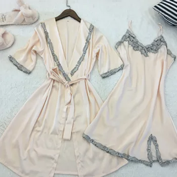 

Summer Satin Thin Home Daily Casual Nightwear 2PCS Pajamas For Women Bathrobe Sleep Tops Lingerie Set Sexy сексуальное белье