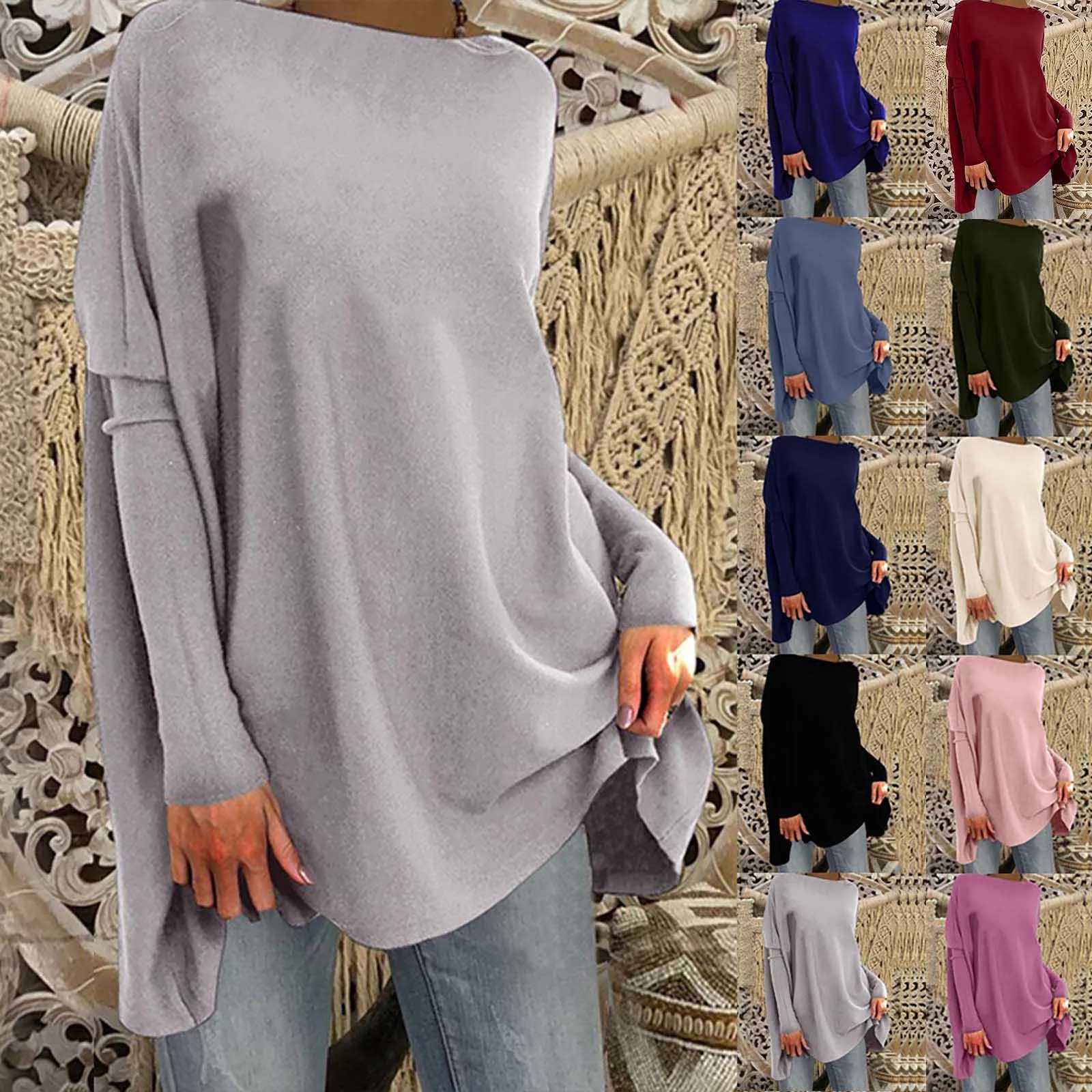 Jersey de manga larga para mujer, Jersey sencillo de color sólido de longitud media con cuello redondo a la moda, jersey de 50 *