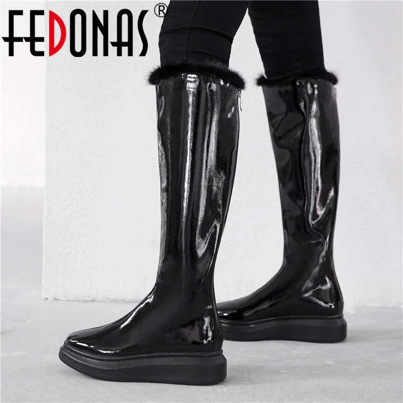 

FEDONAS Winter Fashion Patent Leather Flats Platform Long Boots Party Shoes Woman Warm Snow Boots Zipper Women Knee High Boots