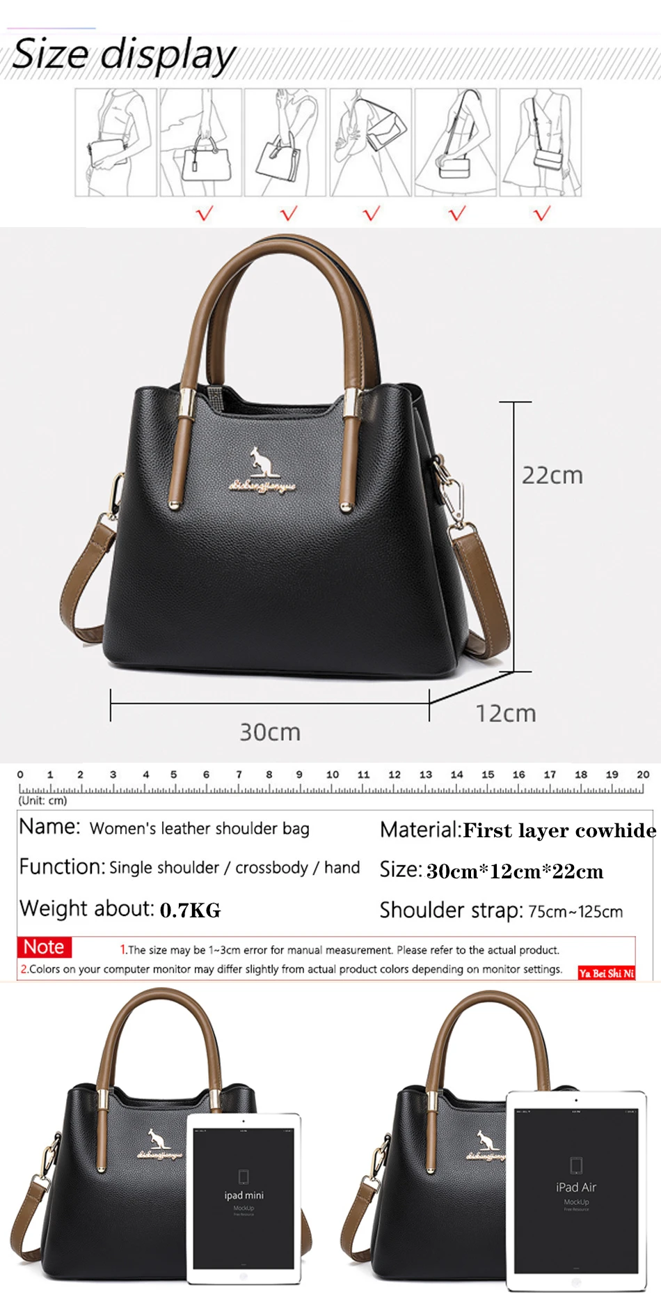 2021 First Layer Cowhide Large Capacity Double Zipper Women Messenger Bag Simple Female Leather Luxury Shoulder Crossbody Bags