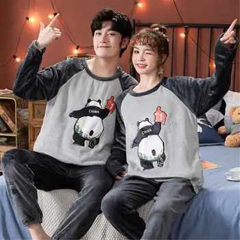 

New 2020 Warm Flannel Women Pyjamas Sets Thick Coral Velvet Long Sleeve Cartoon Sleepwear Couple Pajamas Suit Man Home Clothing