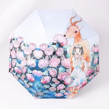 

Girls Umbrella Black Coating Sun Umbrellas Creative Child Original Illustrations 3 Folding Umbrella Anti-UV Rain Gear Floral
