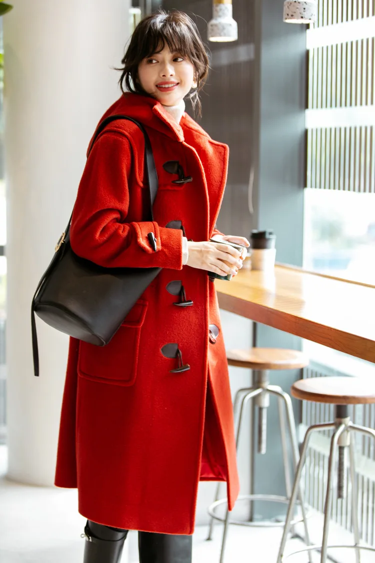 Красное Женское зимнее теплое шерстяное пальто из альпаки с роговыми пуговицами, Дафлкот, туника, длинное шелковое пальто, роскошное пальто abrigos