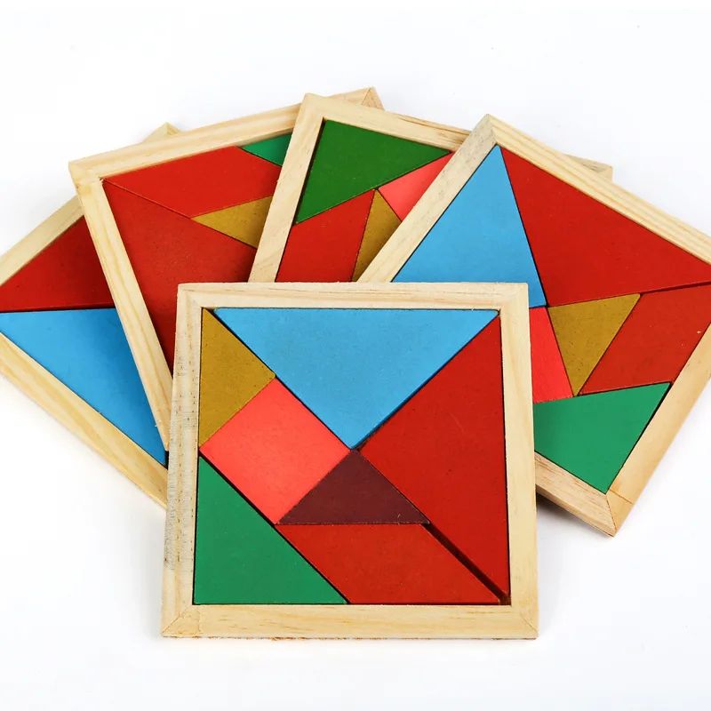 Wooden Tangram 7 Piece Jigsaw Puzzle Colorful Square IQ Game Brain Teaser Intelligent Educational Toys for Kids.