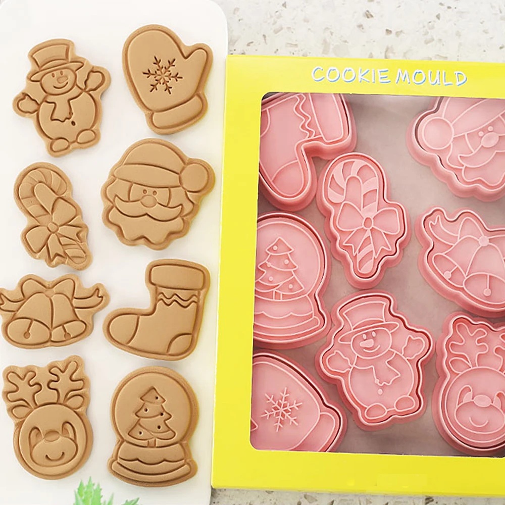 8Pcs/Set Biscuit Mold Christmas Santa Claus Elk Crystal Ball Shape Cookie Stamp Cookie Cutter Icing Fondant Cake Decoration Tool