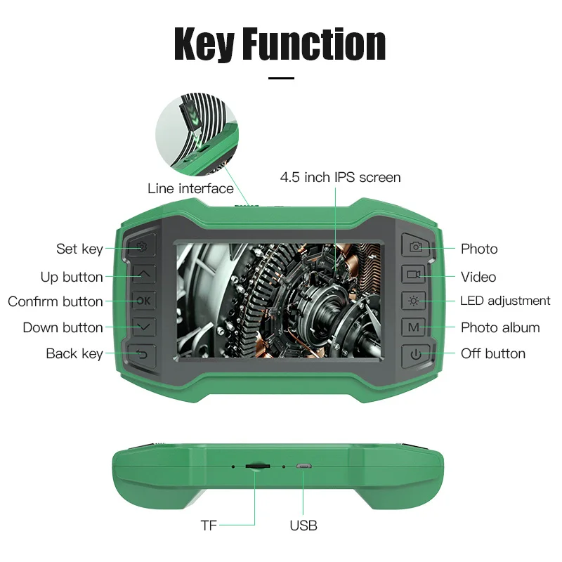 Single Dual Lens Industrial Endoscope Camera 1080P 4.5" IPS Snake Video Inspection Camera with 8 LED Detachable Semi-Rigid Cable