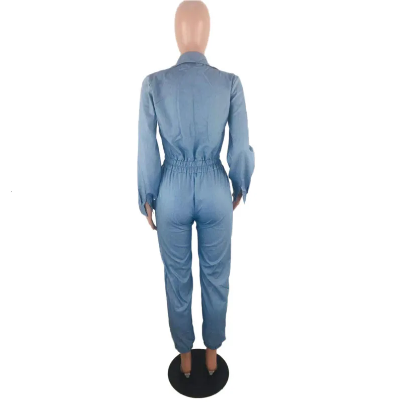 Denim Rompers Womens Zipper Fly Jumpsuit Autumn Winter One Piece Outfits Jeans Overalls Night Club Party Long Sleeve Jumpsuits