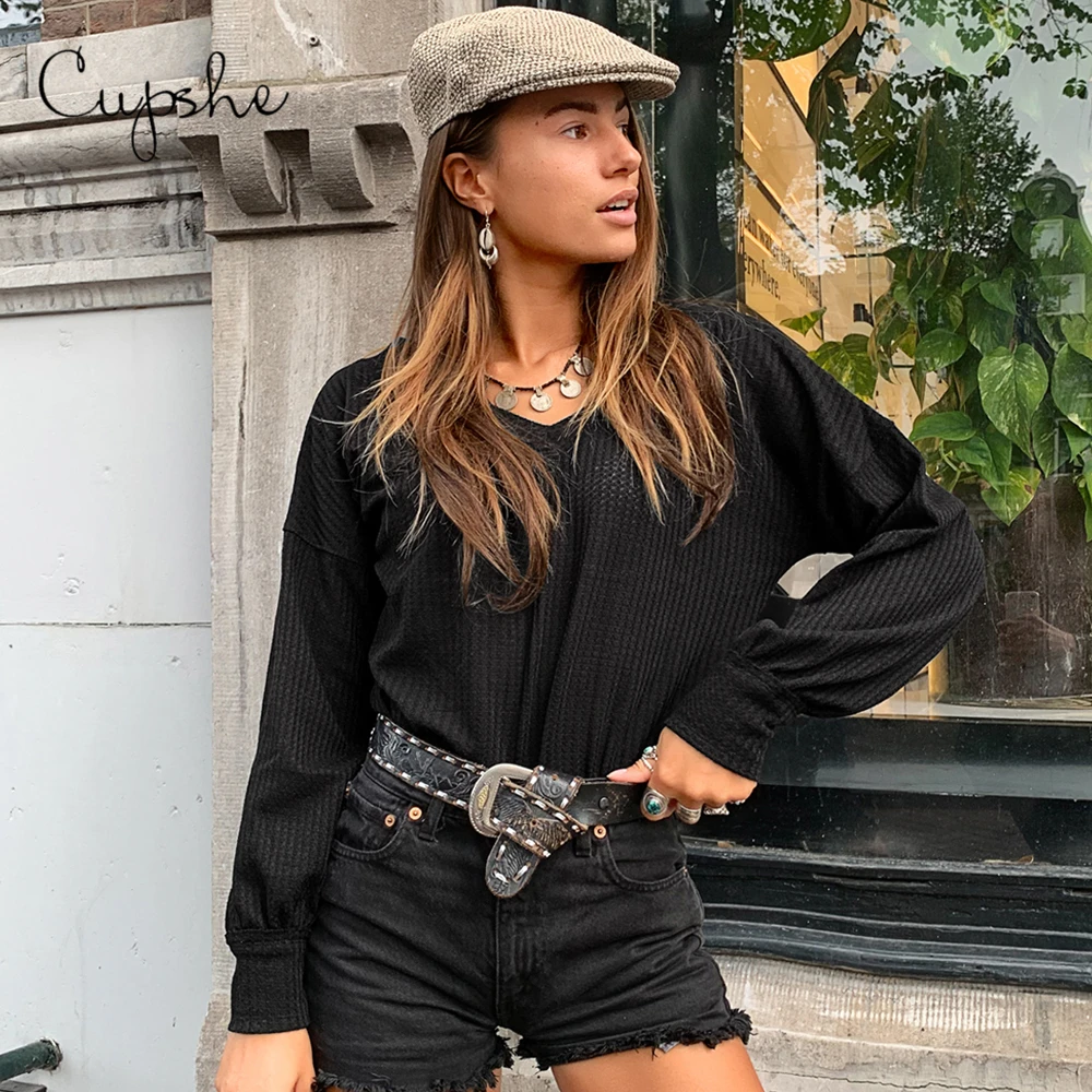 CUPSHE черный вафельный вязаный Топ с длинным рукавом женские повседневные