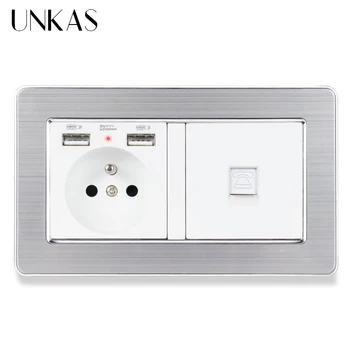 

UNKAS Stainless Steel Brushed Silver Frame French Standard Socket with 2 USB +1 Gang RJ11 2 Core Telephone Connector Connector