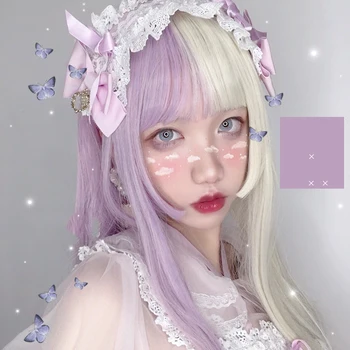 

TALANG Lolita 60CM Long straight hair purple Mixed white Ombre Bangs Cute Synthetic Heat Resistant Cosplay Party Wig