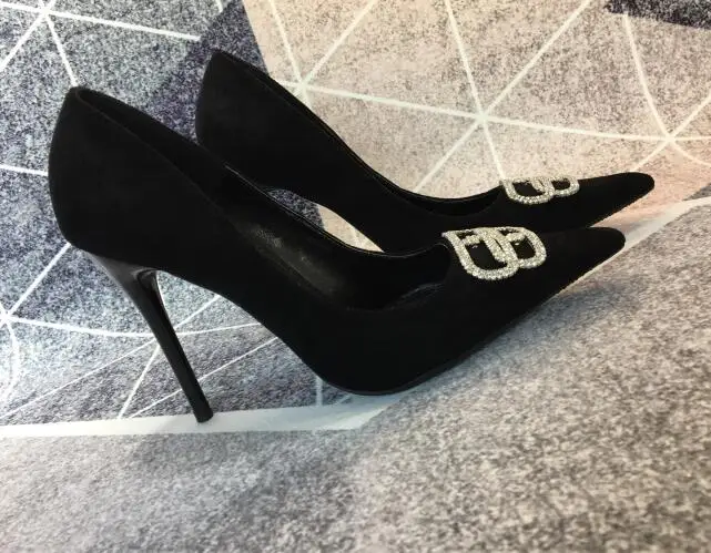 

Moraima Snc Thin Heels Woman Shoes Sexy Pointed Toe Crystal Buckle Decorations party Dress Heels Black Suede Party Shoes