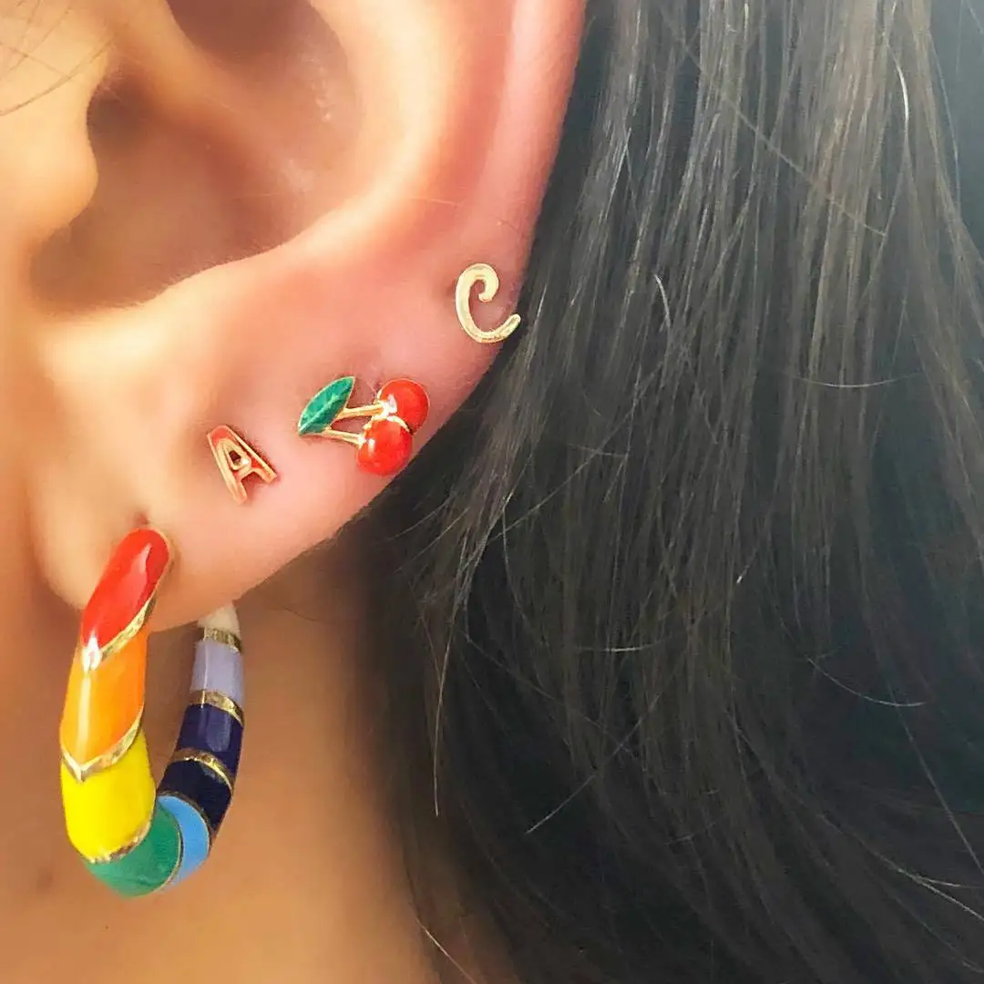 

4pcs/set 2019 New Bohemian Rainbow Colorful C Loop Cherry Letter A C Stud Earring Set Women's Colorful Enamel Earring For Party