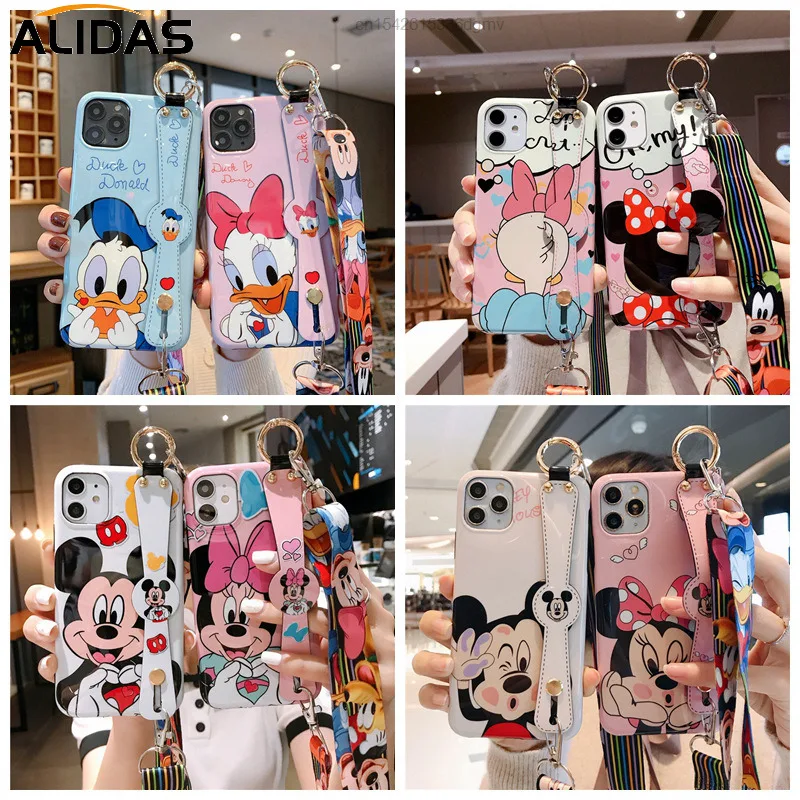 Disney Cartoon Mickey Minnie Mouse Daisy Donald Duck Wrist Strap Lanyard Phone Case For IPhone 12 Pro Max 11 7 8 Plus X XR SE XS