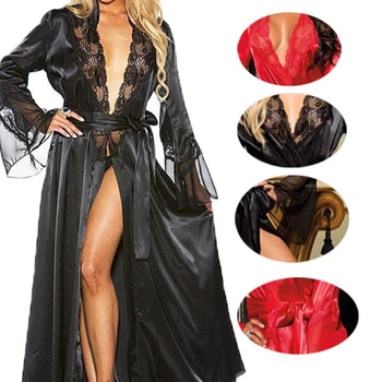 

1Set Womens Sexy Long Kimono Dress Lace Bath Robe Lingerie Gown Ice Silk Solid Color Nightdress Nightwear Plus Size Nightgown