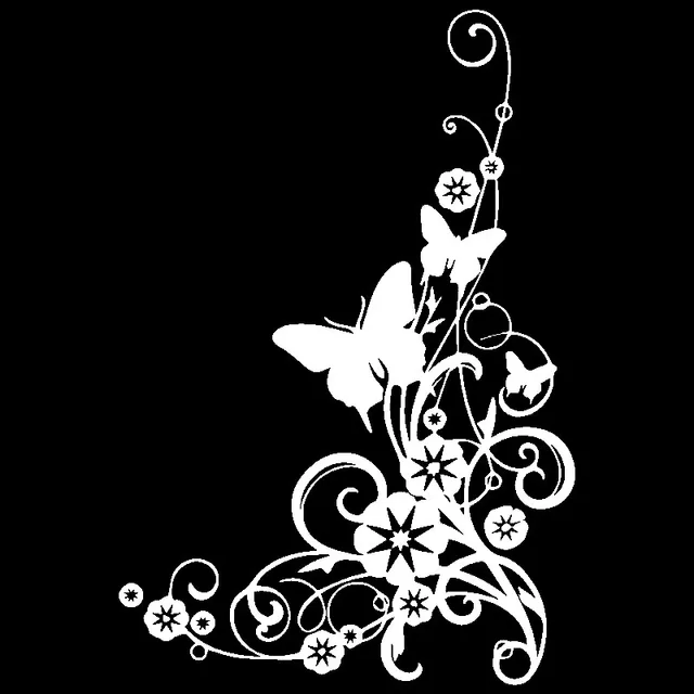 Beautiful Personality Butterfly and Flower Car Sticker Swirly Bottom Right Corner Elegant Car Decal Black/white, 19cm * 13cm white