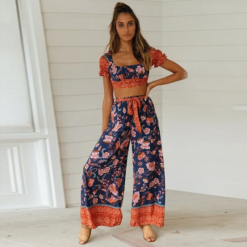 Foridol boho Цветочный принт женские наборы 2020 летние пляжные широкие брюки костюмы