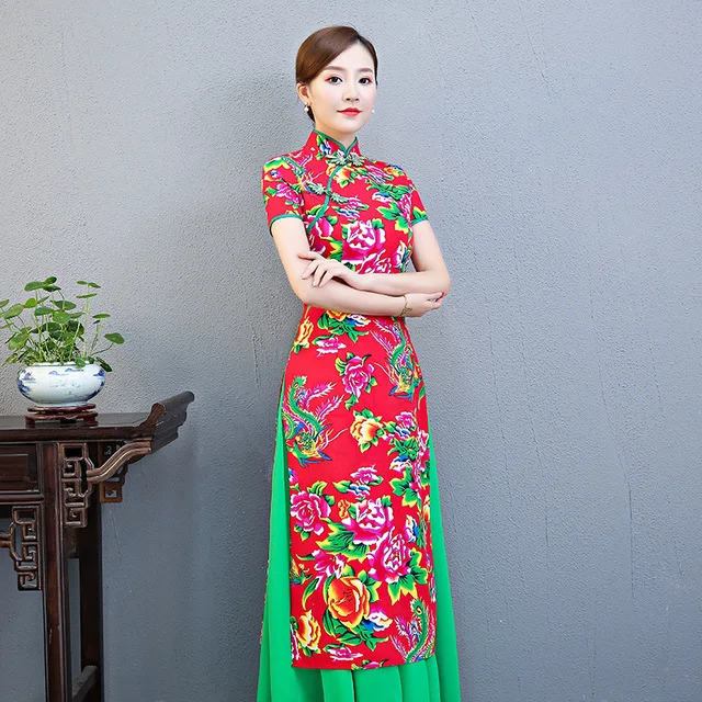 Plus size 5XL cheongsam autumn new female dignified atmosphere Austrian Chinese etiquette Printed pendulum dress Long cheongsam