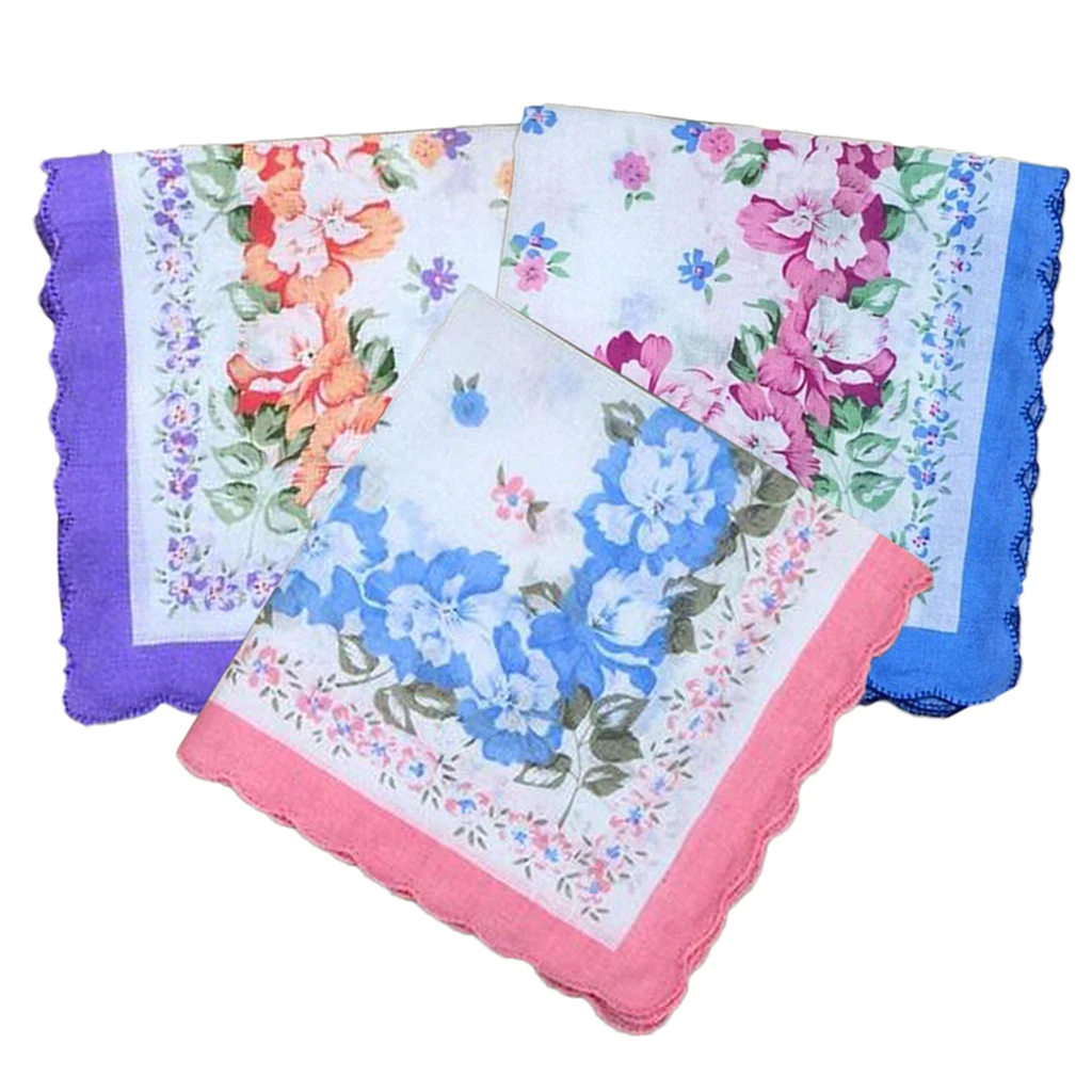 12X Womens Beauty Floral Printed Handkerchief Wendding Party Cotton Blend Hanky