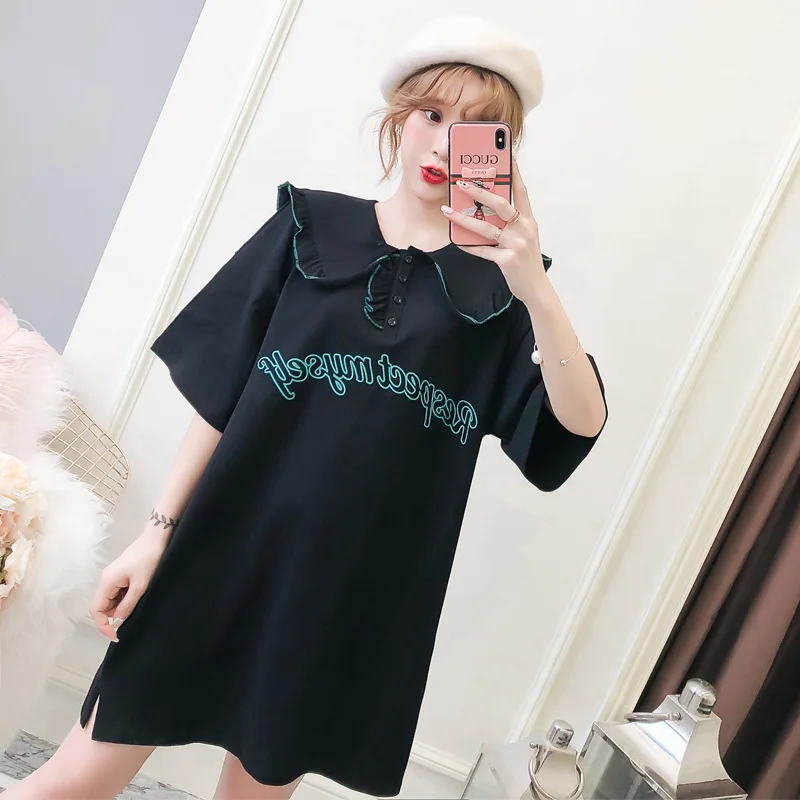 

Photo Shoot Large Size Dress 2018 New Style Fat Mm Summer Wear Large GIRL'S Mid-length Loose-Fit Peter Pan Collar Dress