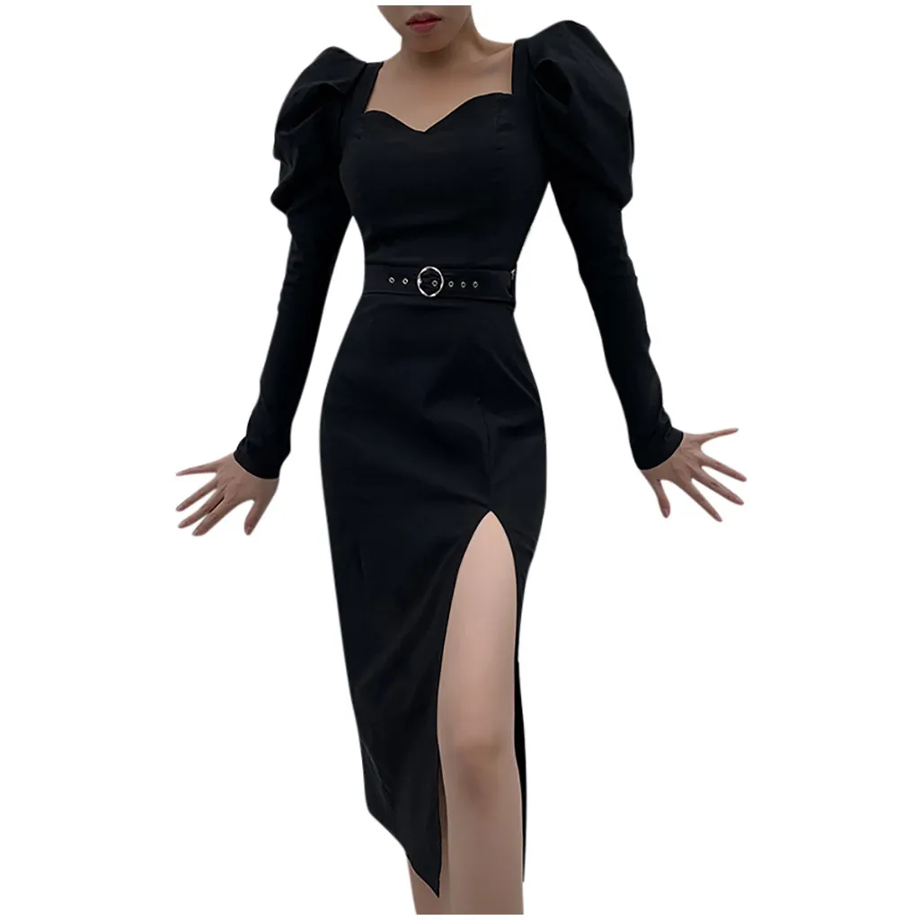 Vestidos, Дамское платье в стиле панк, с поясом, с длинными рукавами, однотонное, с пышными рукавами, с квадратным воротником, пикантное платье с разрезом, платье женское