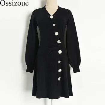 

2020 Women Autumn Vintage V-neck Dress Preal Buttons Knitted Runway Designer Femme Flod White Black Dress Vestidos de verano