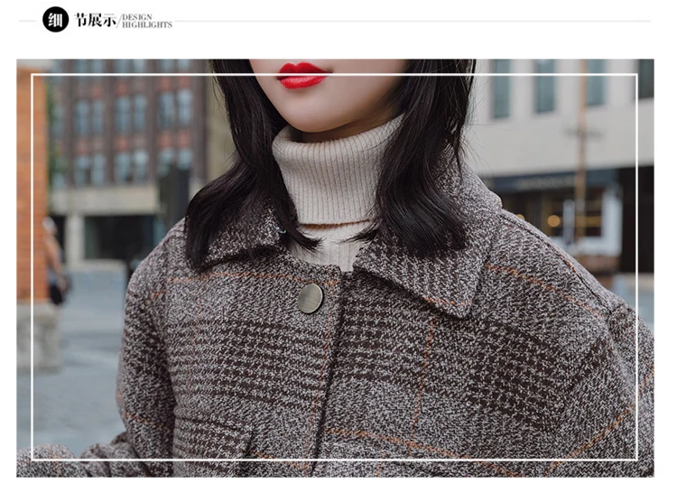 Pocket Trend Joint Elegant Fashion Casual Single Row Multi-buckle Winter Plaid Woolen Coat