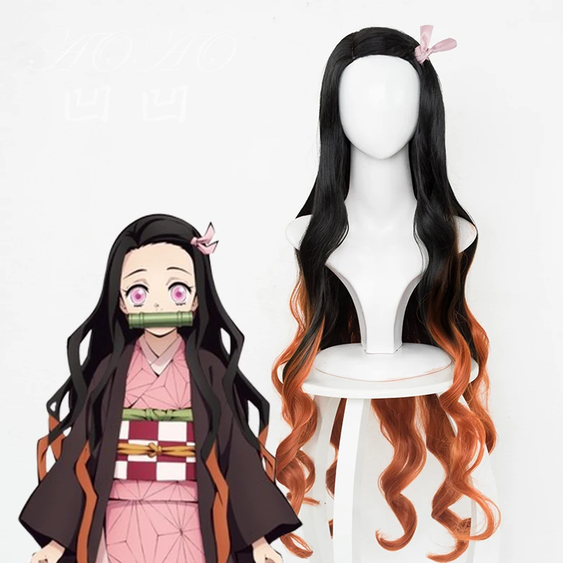 100 см/3" Аниме Demon Slayer: Kimetsu no Yaiba Kamado Nezuko cos волосы длинные черные с оранжевыми парики, костюм для косплея+ парик Кепка