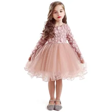 Oeak/платья с длинными рукавами для маленьких детей; платье с цветочным рисунком для девочек; вечерние платья-пачки принцессы; свадебное платье; одежда для детей; кружевное платье