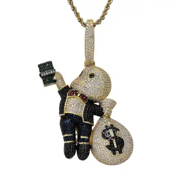 

FIve Colors Bald Boy Money Bag Pendant Charm Full Iced Out Cubic Zircon Cartoon Character Pendant Tennis Chain Hip hop Jewlery