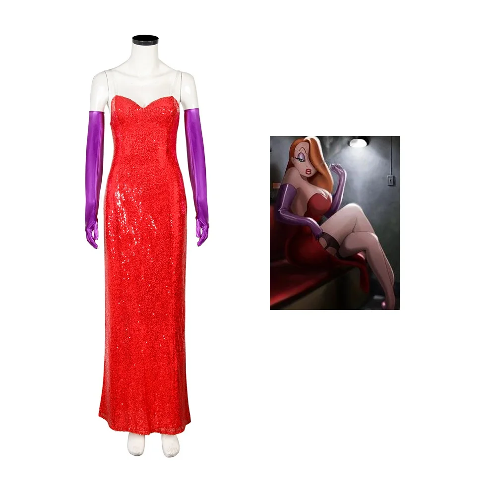 Movie Who Framed Roger Rabbit Jessica Cosplay Dress High Split Red Sequined Dresses with Purple Gloves Halloween Cosplay Outfits