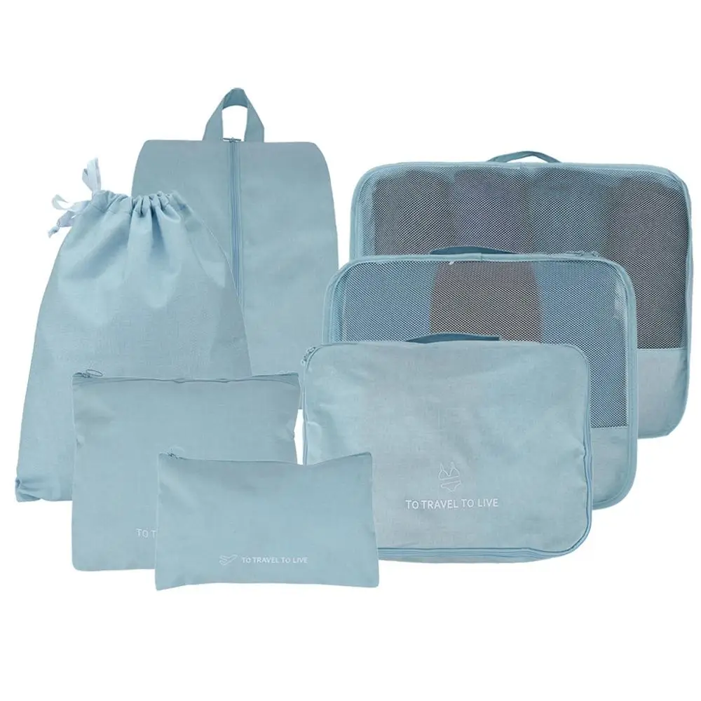 Light Blue Упаковка кубиков 7 шт Водонепроницаемый дорожный мешочек для багажа органайзеры набор с Сумка для белья сумка для хранения нижнего белья сумка для обуви сумки - Цвет: Light Blue