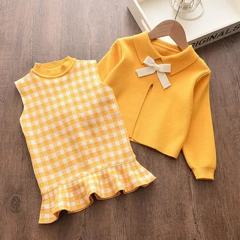 

2020 Baby Girl Clothing Set Cute Bow Sweaters+Plaid Dress Girls Elegant Clothes Sets Children Party Christmas Birthday Wear