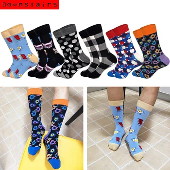 

Downstairs Cat Men Socks 2019 Hot Lattice Skateboard Cotton Designer Dress 6 Colors Happy Socks Calcetines Hombre Divertido