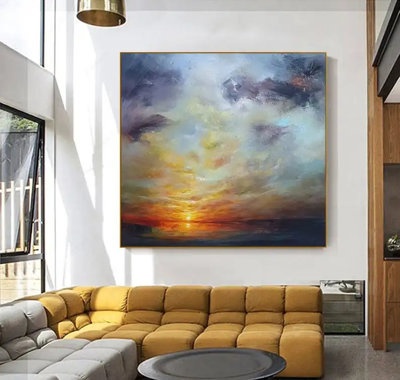 Sunset Painting Landscape Canvas Cloud Sky Abstract Oversize Wall Art Gold Yellow | Дом и сад