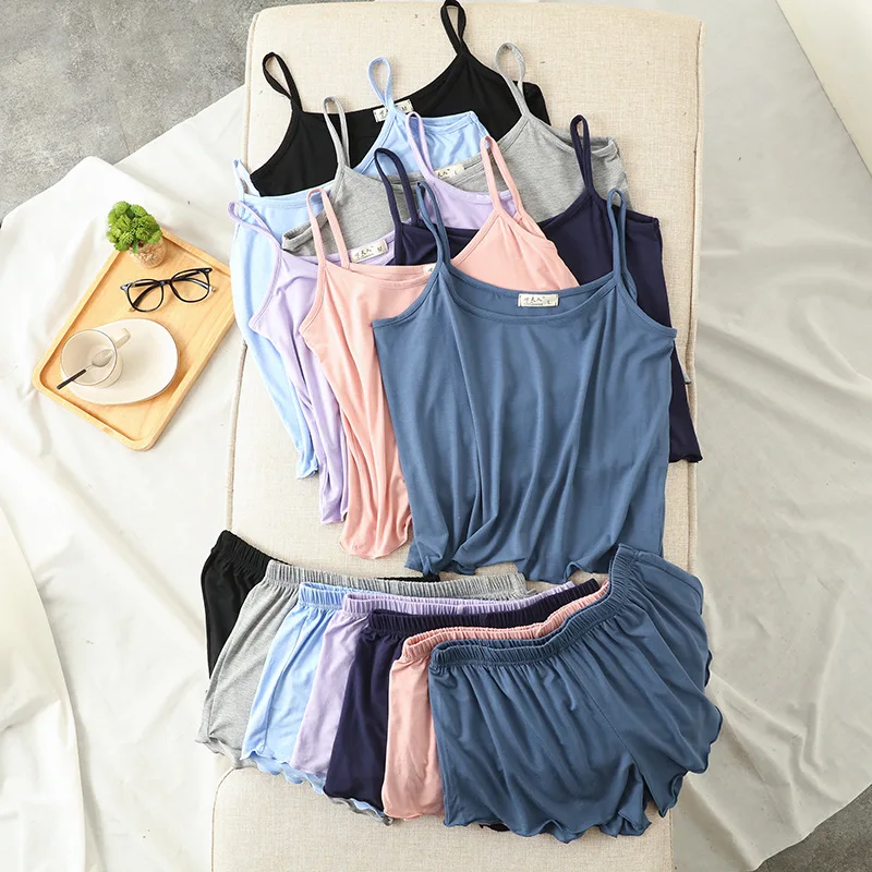 

Daeyard Women Modal Pajama Set Summer Camisole And Shorts 2 Pieces Home Suit Solid Pyjama Soft Comfy Sleepwear Female Nightwear