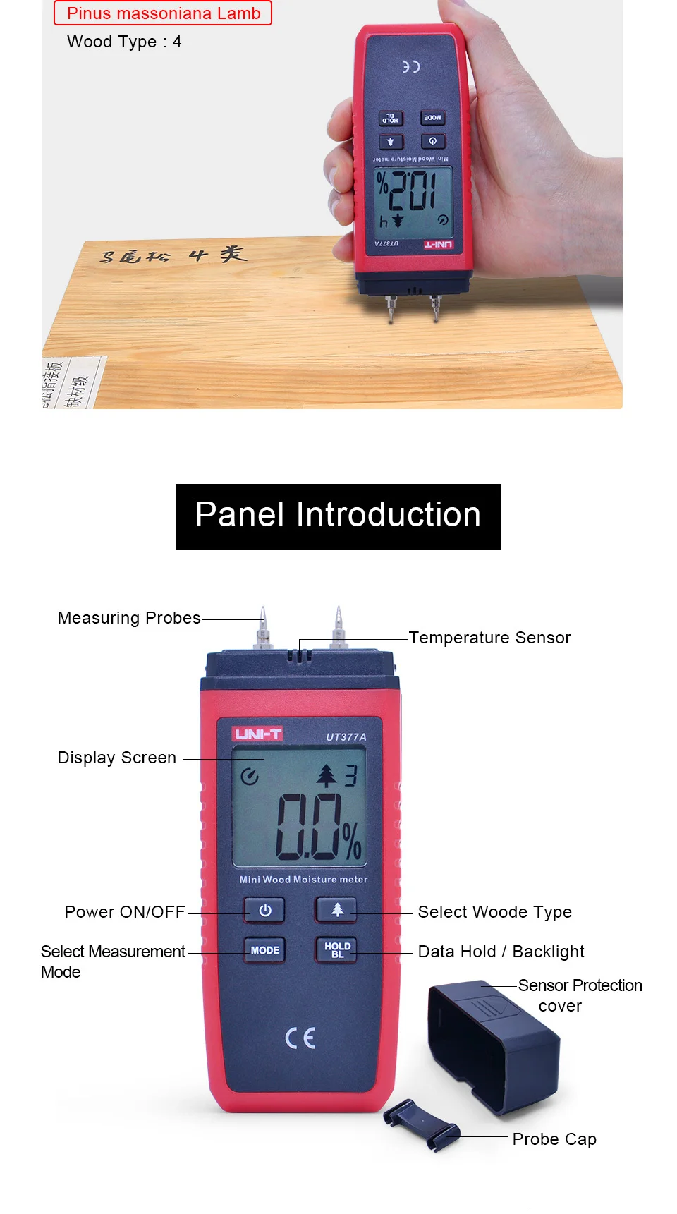 UNI-T UT377A цифровой Деревянный гидрометр для измерения влажности тестер для бумаги/фанеры/древесины измерения влажности ЖК-подсветка