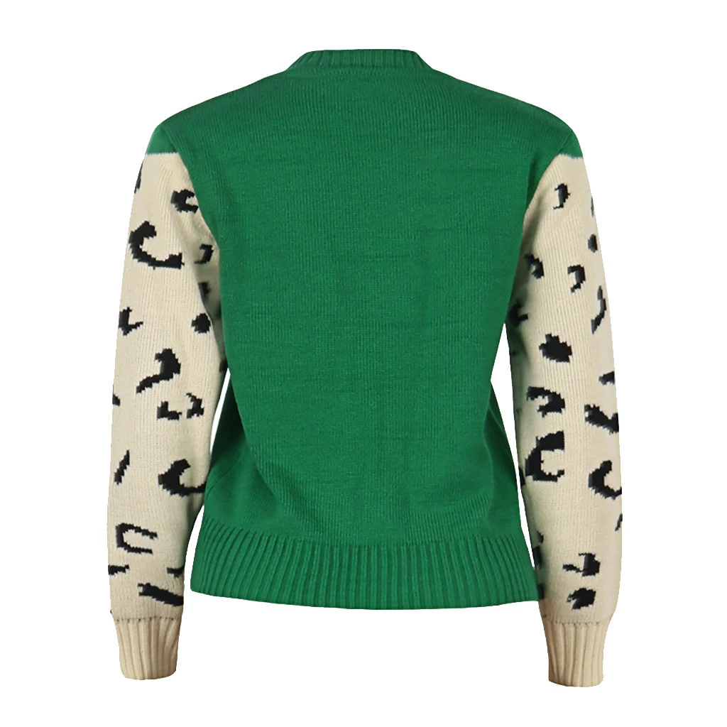CHAMSGEND Women Patchwork Leopard Knitting Pullover Casual O-Neck Autumn Winter Thick Cashmere Tops Loose Sweater 1001