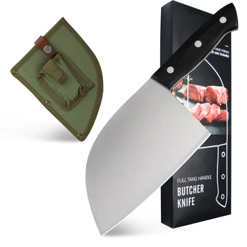 

SOWOLL Camping Knife Full Tang Butcher Knife Stainless Steel Serbian Chef Knife Meat Vegetable Cleaver with Carrying Nylon Cover
