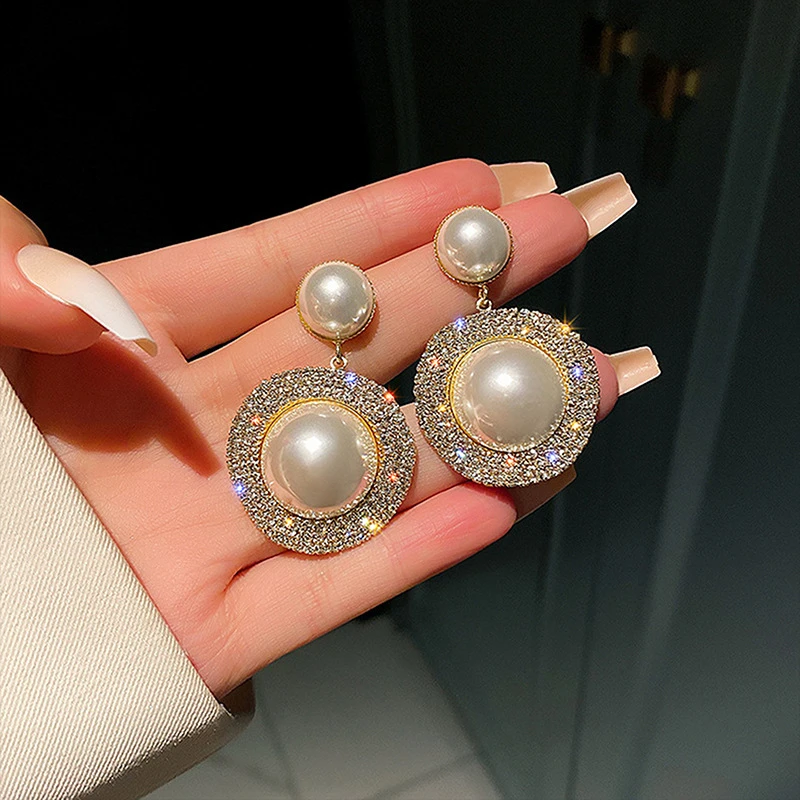 High Quality Rhinestone Round Earrings Luxury Big Pearl Jewelry Brincos