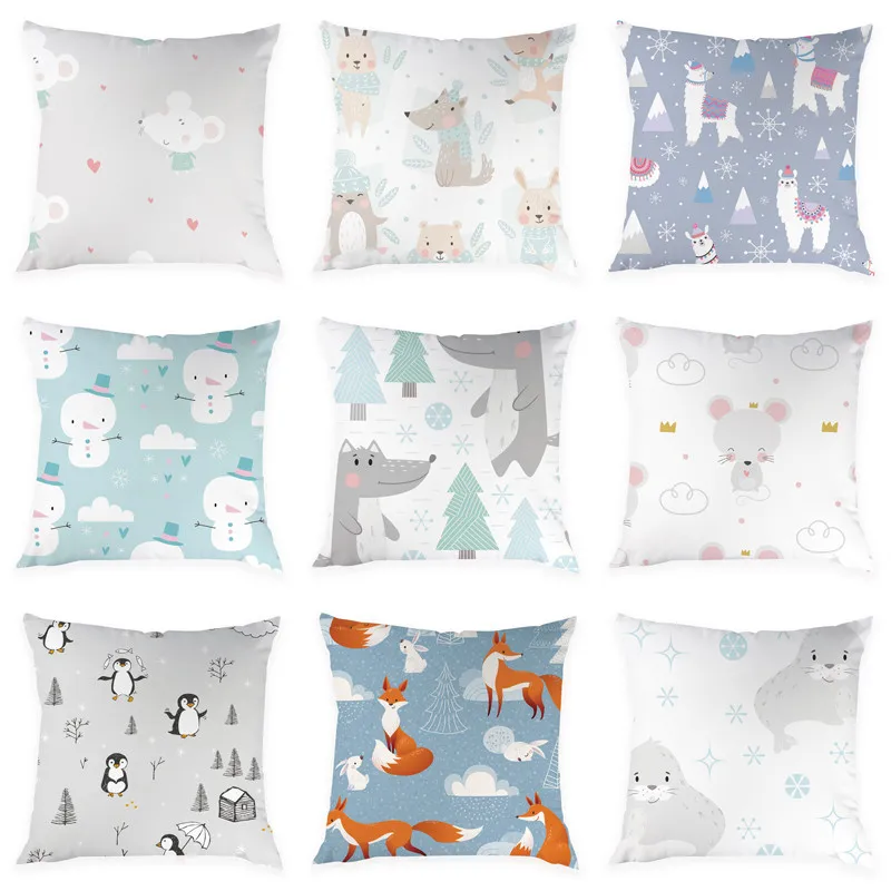 

Cute Cartoon Animal Pattern Cushion Cover Peach Skin Decorative Pillowcase Penguin Fox Alpaca Pattern Cushion Cover 45*45cm