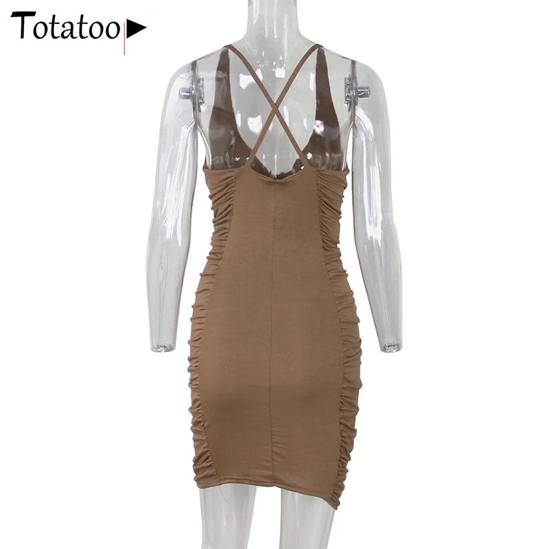 Totatoop Lace Up V Neck Ruched Bodycon Mini Dress Women 2020 Summer Hollow Out Ruffles Sundress Beachwear Vestidos